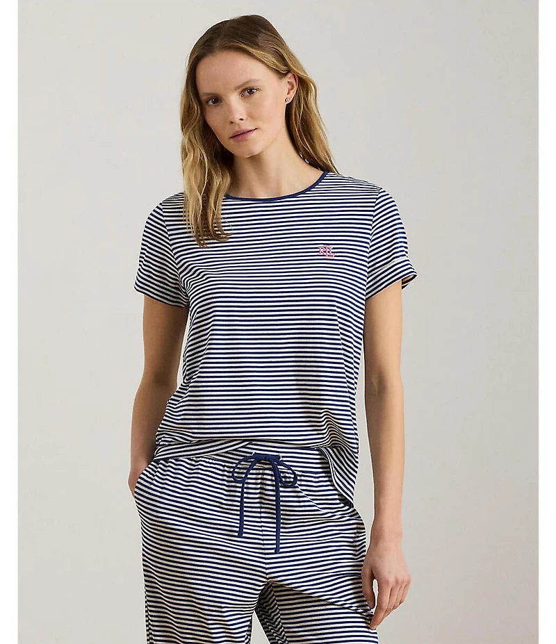 Lauren Ralph Lauren Striped Short Sleeve Crew Neck Jersey Knit Long Pajama Set