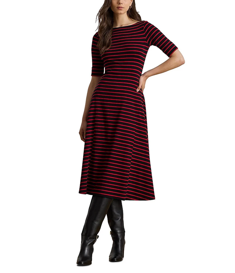 Lauren Ralph Lauren Striped Stretch Cotton Boat Neck Elbow Sleeve Midi Dress