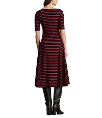 Lauren Ralph Lauren Striped Stretch Cotton Boat Neck Elbow Sleeve Midi Dress