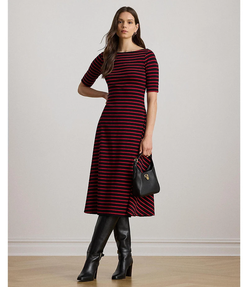 Lauren Ralph Lauren Striped Stretch Cotton Boat Neck Elbow Sleeve Midi Dress