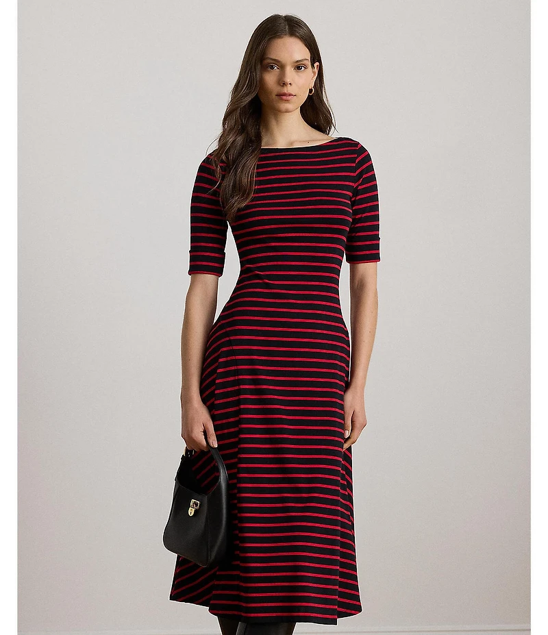 Lauren Ralph Lauren Striped Stretch Cotton Boat Neck Elbow Sleeve Midi Dress