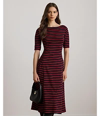 Lauren Ralph Lauren Striped Stretch Cotton Boat Neck Elbow Sleeve Midi Dress