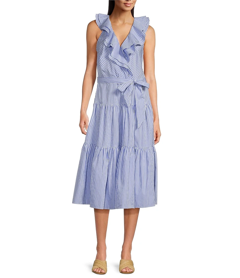 Lauren Ralph Lauren Striped Surplice Ruffle V-Neck Sleeveless Tiered Tie Waist Dress