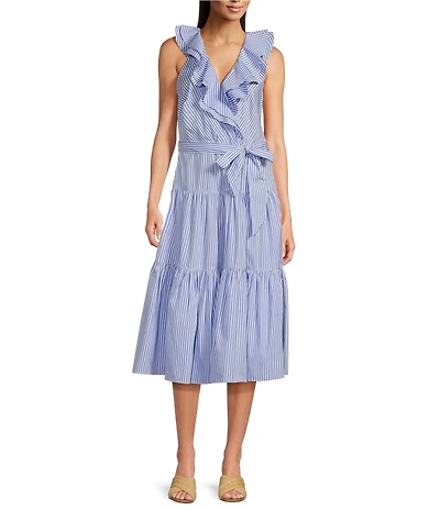 Lauren Ralph Lauren Striped Surplice Ruffle V-Neck Sleeveless Tiered Tie Waist Dress