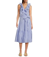 Lauren Ralph Lauren Striped Surplice Ruffle V-Neck Sleeveless Tiered Tie Waist Dress