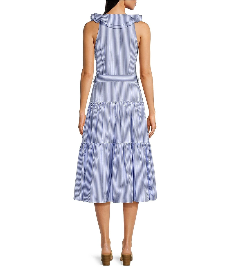 Lauren Ralph Lauren Striped Surplice Ruffle V-Neck Sleeveless Tiered Tie Waist Dress