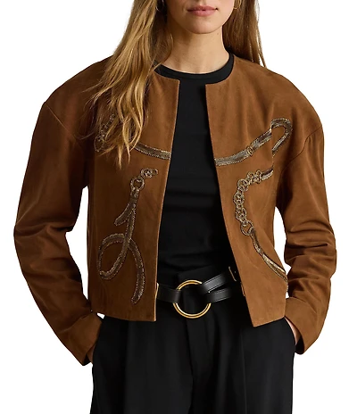 Lauren Ralph Lauren Suede Round Neck Long Sleeve Beaded Crop Jacket