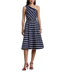Lauren Ralph Lauren Taffeta Stripe Print One Shoulder Neck Sleeveless Belted Midi Dress
