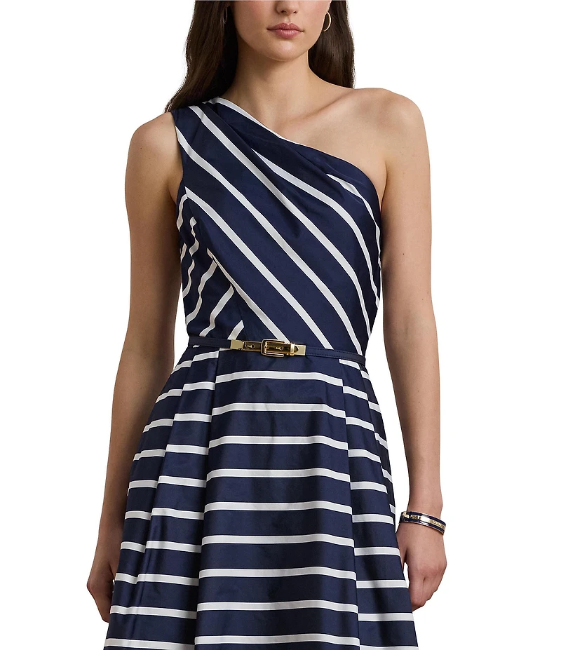 Lauren Ralph Lauren Taffeta Stripe Print One Shoulder Neck Sleeveless Belted Midi Dress
