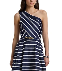 Lauren Ralph Lauren Taffeta Stripe Print One Shoulder Neck Sleeveless Belted Midi Dress