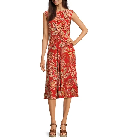 Lauren Ralph Lauren Tessanne Floral Motif Stretch Jersey Crew Neck Pleated Twist A-Line Midi Dress