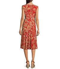 Lauren Ralph Lauren Tessanne Floral Motif Stretch Jersey Crew Neck Pleated Twist A-Line Midi Dress