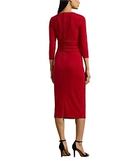 Lauren Ralph Lauren Matte Jersey Boat Neck 3/4 Sleeve Front Twist Cascade Ruff Sheath Dress