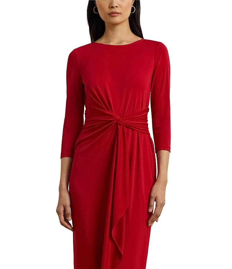 Lauren Ralph Lauren Matte Jersey Boat Neck 3/4 Sleeve Front Twist Cascade Ruff Sheath Dress