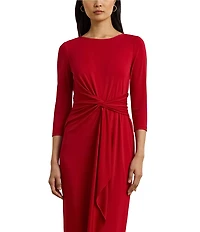 Lauren Ralph Lauren Matte Jersey Boat Neck 3/4 Sleeve Front Twist Cascade Ruff Sheath Dress