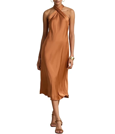 Lauren Ralph Lauren Tie Back Charmeuse Halter Neck Dress