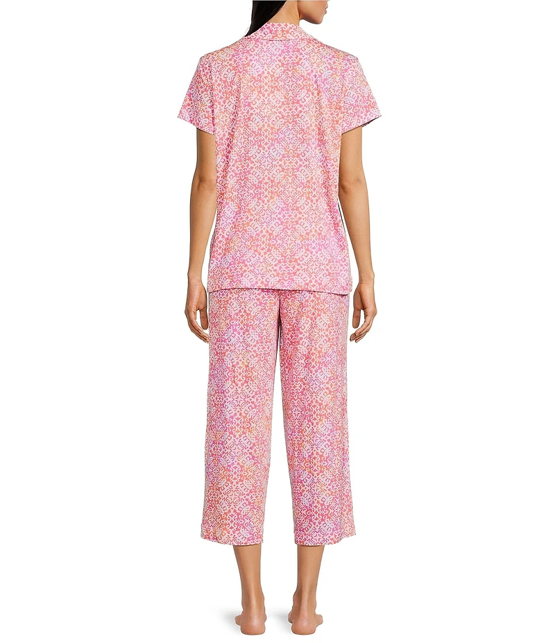Lauren Ralph Lauren Tile Print Short Sleeve Notch Collar Knit Cropped Pajama Set