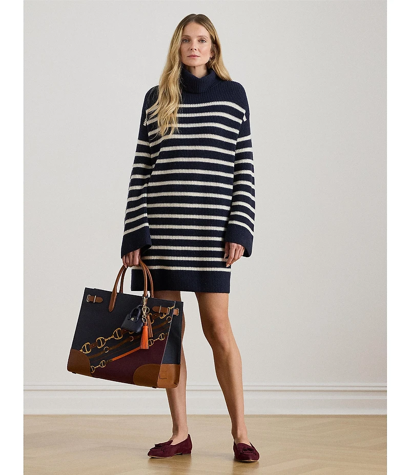 Lauren Ralph Lauren Turtleneck Long Sleeve Striped Wool Cashmere Sweater Dress