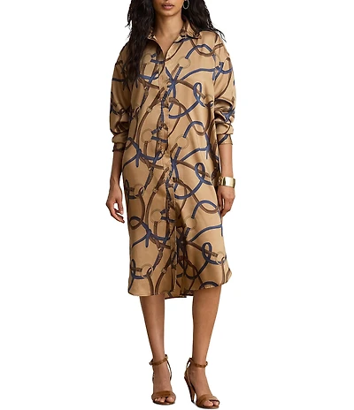 Lauren Ralph Lauren Twill Belting Print Spread Collar Long Sleeve Midi Length Shirtdress