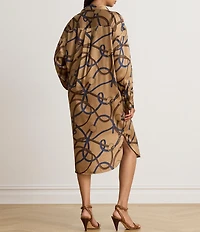Lauren Ralph Lauren Twill Belting Print Spread Collar Long Sleeve Midi Length Shirtdress