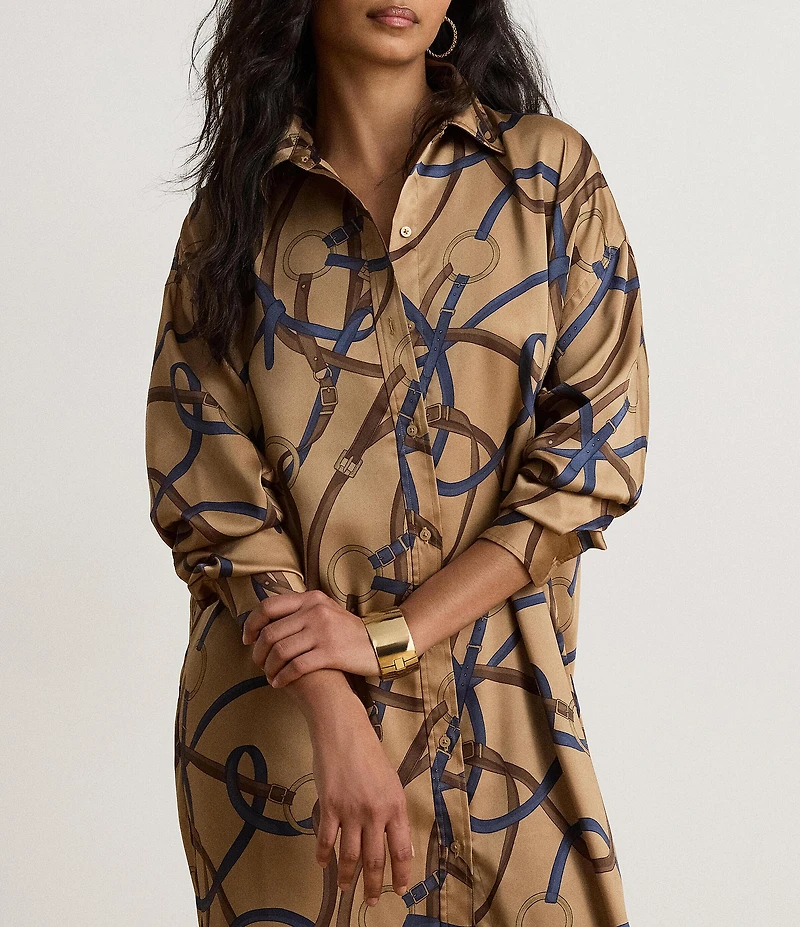 Lauren Ralph Lauren Twill Belting Print Spread Collar Long Sleeve Midi Length Shirtdress