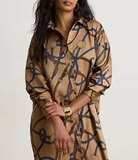 Lauren Ralph Lauren Twill Belting Print Spread Collar Long Sleeve Midi Length Shirtdress