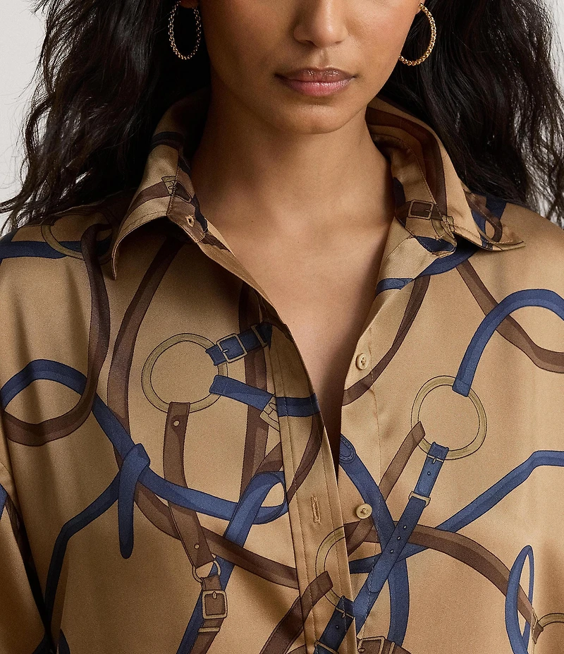 Lauren Ralph Lauren Twill Belting Print Spread Collar Long Sleeve Midi Length Shirtdress