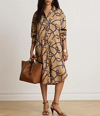 Lauren Ralph Lauren Twill Belting Print Spread Collar Long Sleeve Midi Length Shirtdress