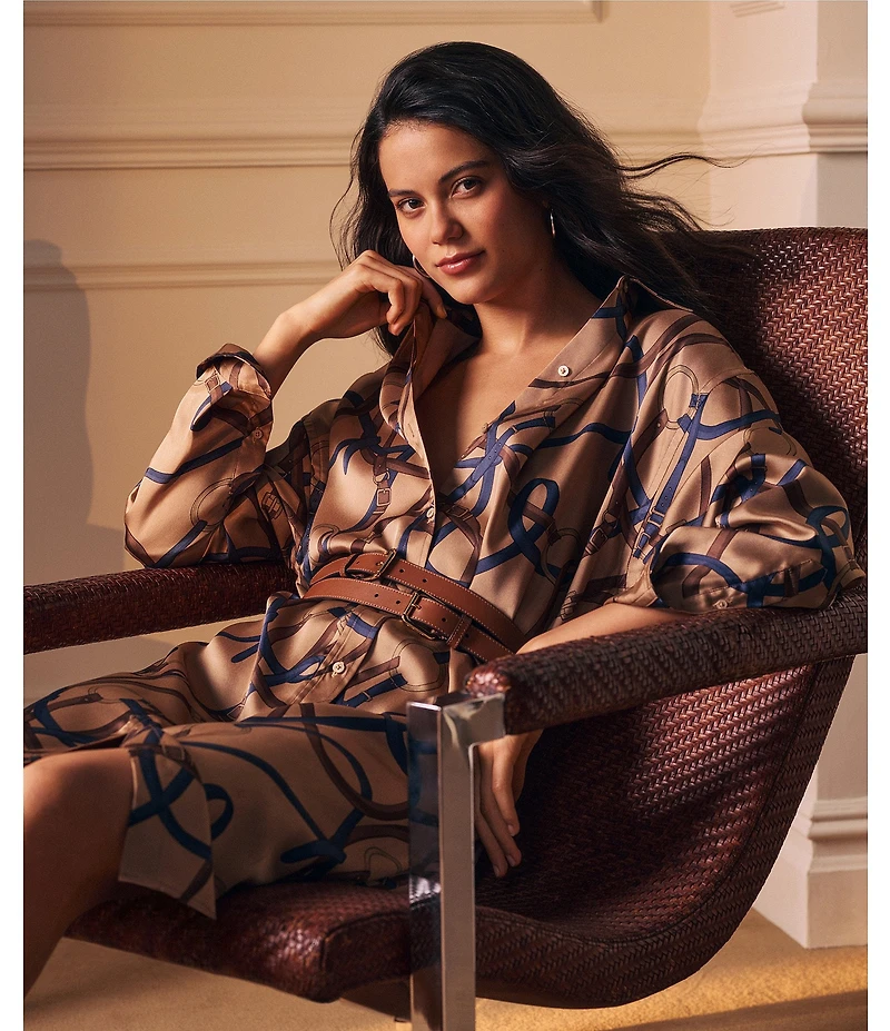 Lauren Ralph Lauren Twill Belting Print Spread Collar Long Sleeve Midi Length Shirtdress