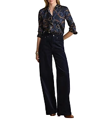 Lauren Ralph Lauren Twill Belting Print Spread Collar Long Sleeve Shirt