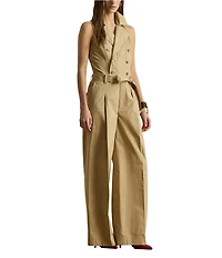 Lauren Ralph Lauren Twill Double Breasted Notch Collar Sleeveless Belted Ankle Length Jumpsuit