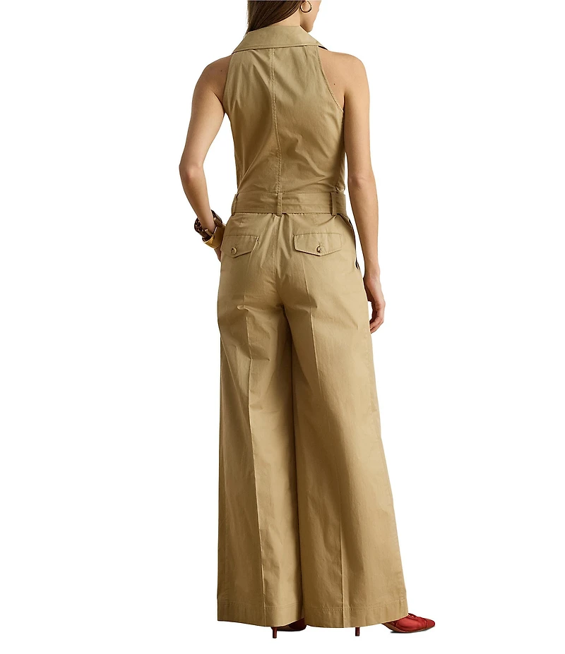 Lauren Ralph Lauren Twill Double Breasted Notch Collar Sleeveless Belted Ankle Length Jumpsuit