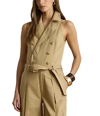 Lauren Ralph Lauren Twill Double Breasted Notch Collar Sleeveless Belted Ankle Length Jumpsuit