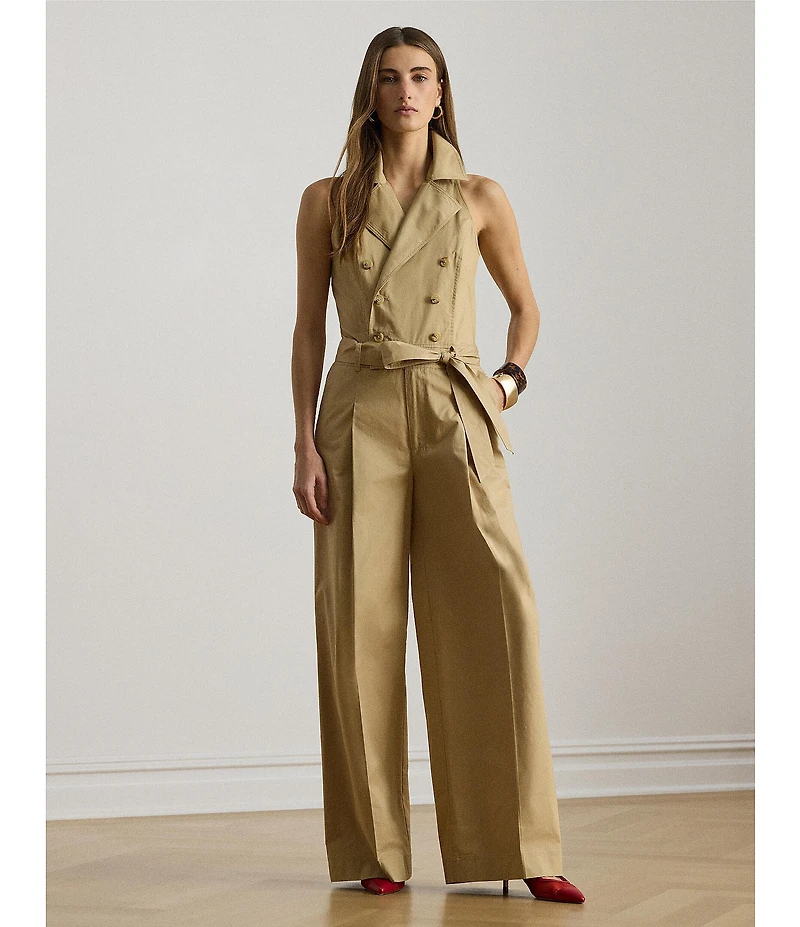 Lauren Ralph Lauren Twill Double Breasted Notch Collar Sleeveless Belted Ankle Length Jumpsuit