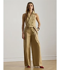 Lauren Ralph Lauren Twill Double Breasted Notch Collar Sleeveless Belted Ankle Length Jumpsuit