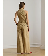 Lauren Ralph Lauren Twill Double Breasted Notch Collar Sleeveless Belted Ankle Length Jumpsuit