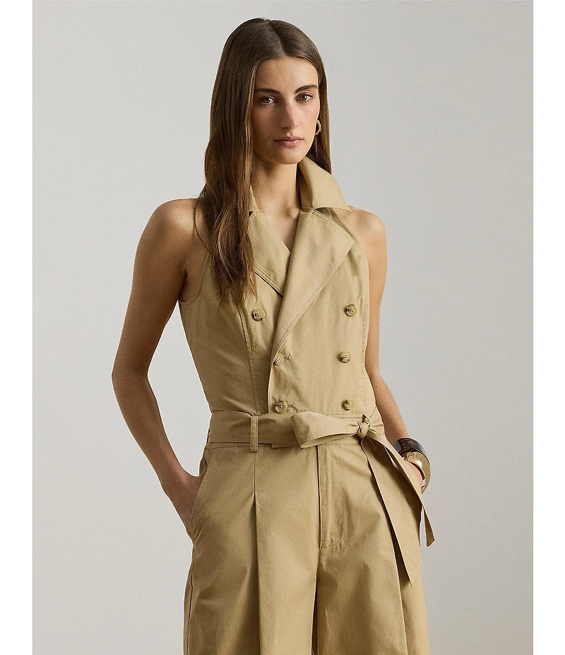 Lauren Ralph Lauren Twill Double Breasted Notch Collar Sleeveless Belted Ankle Length Jumpsuit