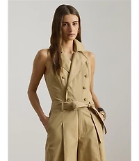 Lauren Ralph Lauren Twill Double Breasted Notch Collar Sleeveless Belted Ankle Length Jumpsuit