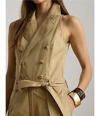 Lauren Ralph Lauren Twill Double Breasted Notch Collar Sleeveless Belted Ankle Length Jumpsuit