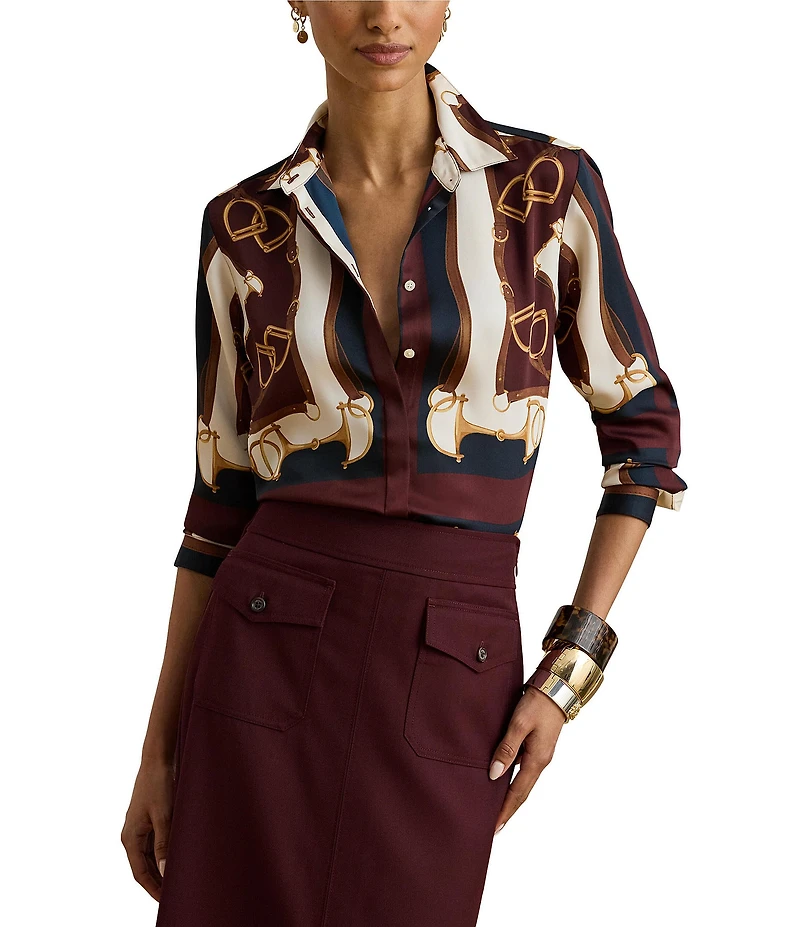 Lauren Ralph Lauren Twill Equestrian-Print Point Collar Long Sleeve Button Front Shirt