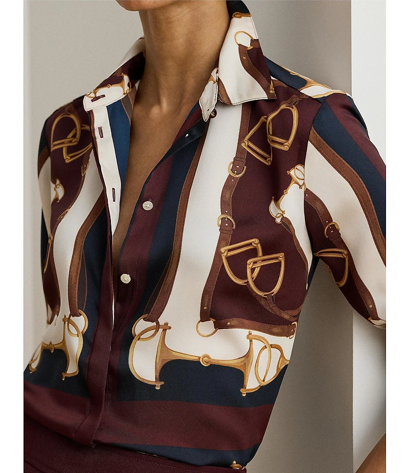 Lauren Ralph Lauren Twill Equestrian-Print Point Collar Long Sleeve Button Front Shirt