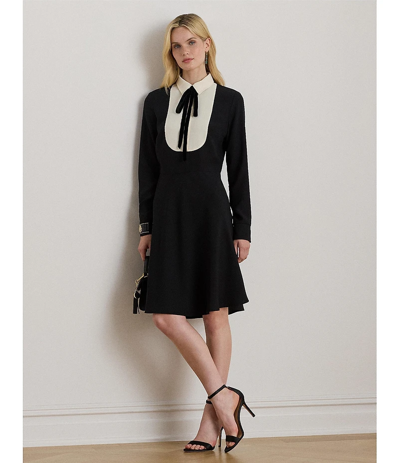 Lauren Ralph Lauren Two-Tone Georgette Tie Neck Long Sleeve Dress