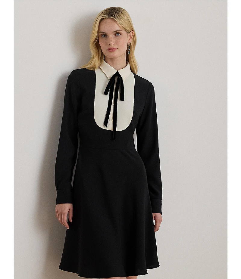 Lauren Ralph Lauren Two-Tone Georgette Tie Neck Long Sleeve Dress