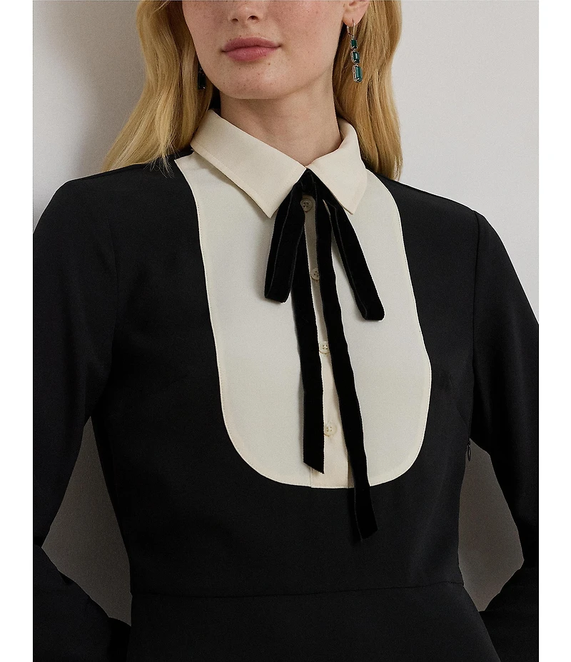 Lauren Ralph Lauren Two-Tone Georgette Tie Neck Long Sleeve Dress