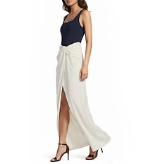 Lauren Ralph Lauren Two-Tone Ottoman & Crepe Square Neck Mock Two-Piece Gown