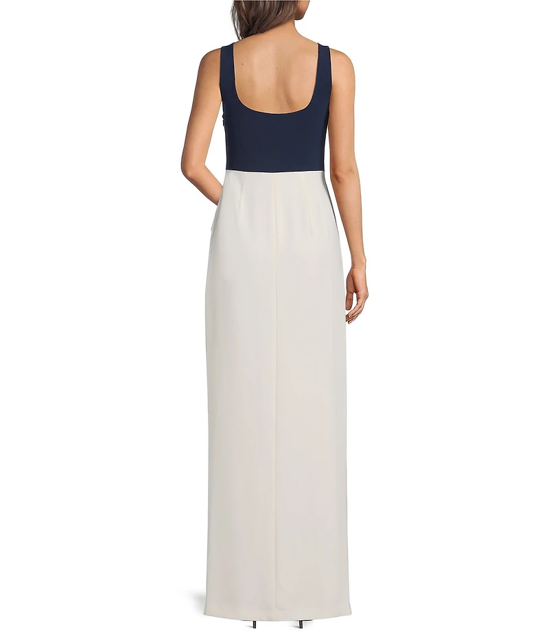 Lauren Ralph Lauren Two-Tone Ottoman & Crepe Square Neck Mock Two-Piece Gown