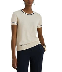 Lauren Ralph Lauren Two-Tone Trim Ribbed Crew Neck Short Sleeve Sweater