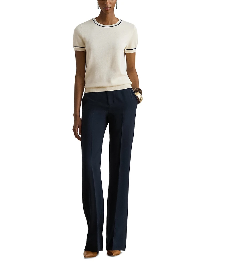 Lauren Ralph Lauren Two-Tone Trim Ribbed Crew Neck Short Sleeve Sweater