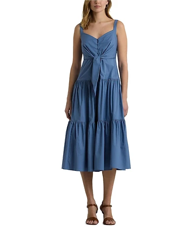 Lauren Ralph Lauren V-Neck Sleeveless Tie Front Tiered Skirt Midi Dress