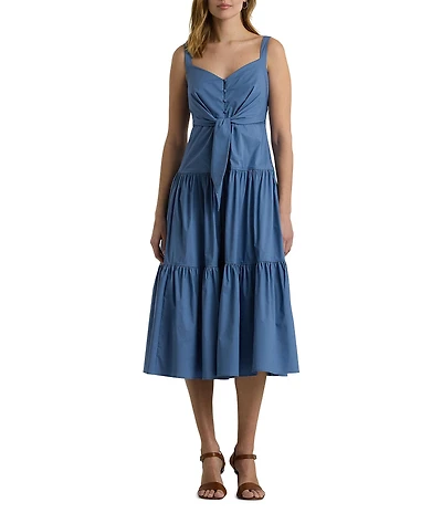 Lauren Ralph Lauren V-Neck Sleeveless Tie Front Tiered Skirt Midi Dress